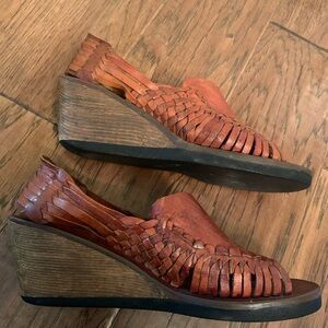 Leather Brown Woven Wedge Summer Sandals. Made in India. Size 8